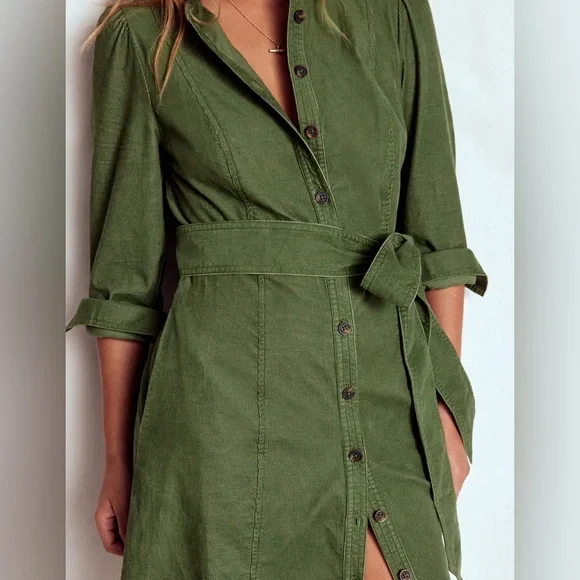 green emerald velvet dress Boden Cecily Belted Long Sleeve Cotton Corduroy Midi Dress in Woodland Green at Nordstrom, Size 2